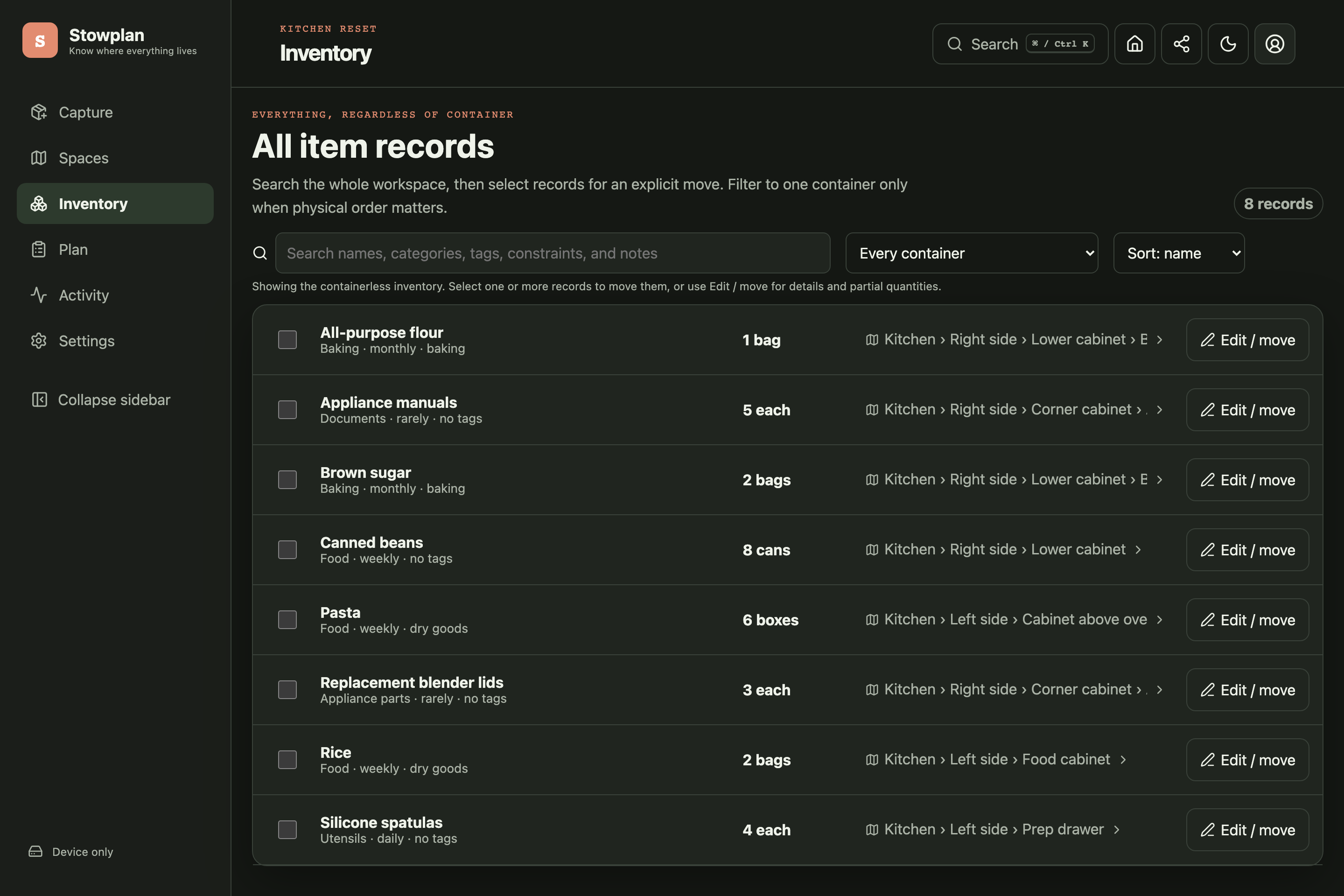 Inventory: search every space at once, not box by box.